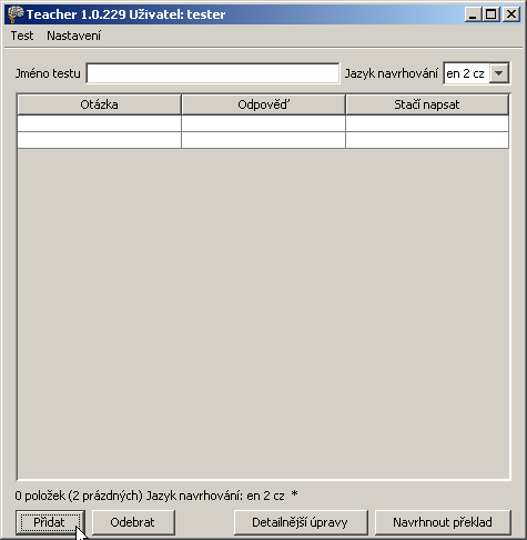 Tlačítkem Přidat přidáme otázky do testu.