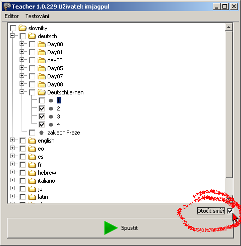 Zaškrtávátkem Otočit směr změníme směr zkoušení