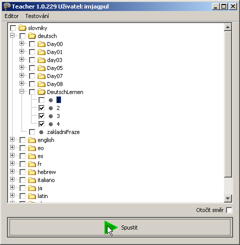 Tlačítkem spustit začneme zkoušení