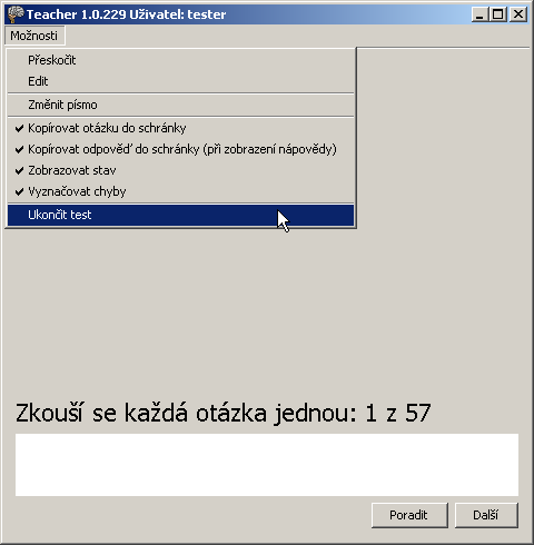 Možností Ukončit test skončíme test