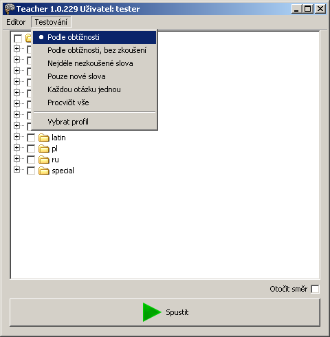 V menu lze měnit metodu testování